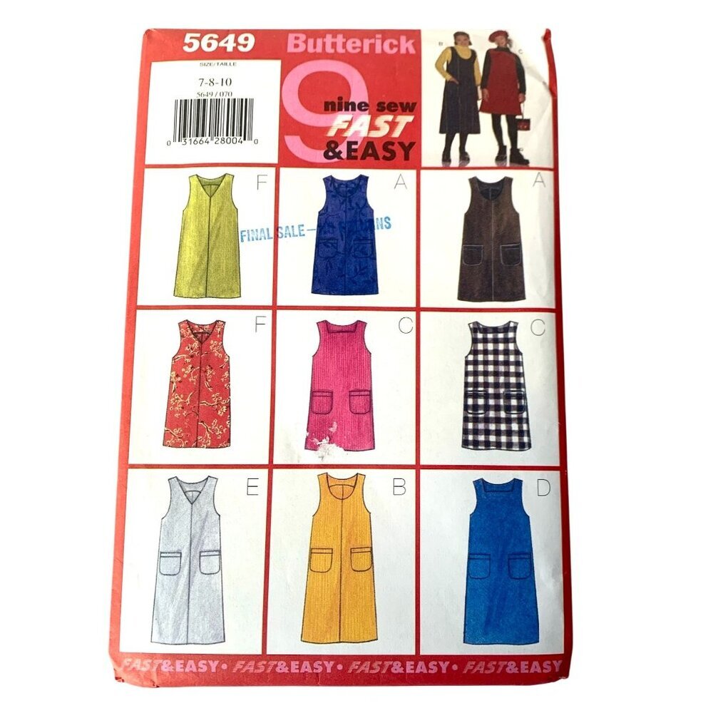 Butterick Sewing Pattern 5649  Girl's Jumper Dress Very Easy Sizes 7 8 10  UNCUT